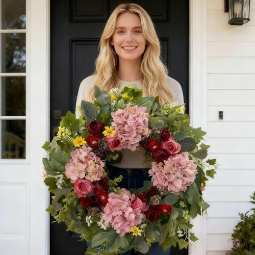 HipTree 24 Inch Spring Wreaths for Front Door,Handmade Pink Burgundy Silk Hydrangeas & Roses Floral Wreath for Mothers Day Valentines Day Decorations,Indoor Outdoor and Wall Decor - Image 3