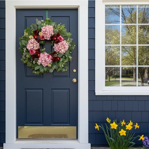 HipTree 24 Inch Spring Wreaths for Front Door,Handmade Pink Burgundy Silk Hydrangeas & Roses Floral Wreath for Mothers Day Valentines Day Decorations,Indoor Outdoor and Wall Decor - Image 4