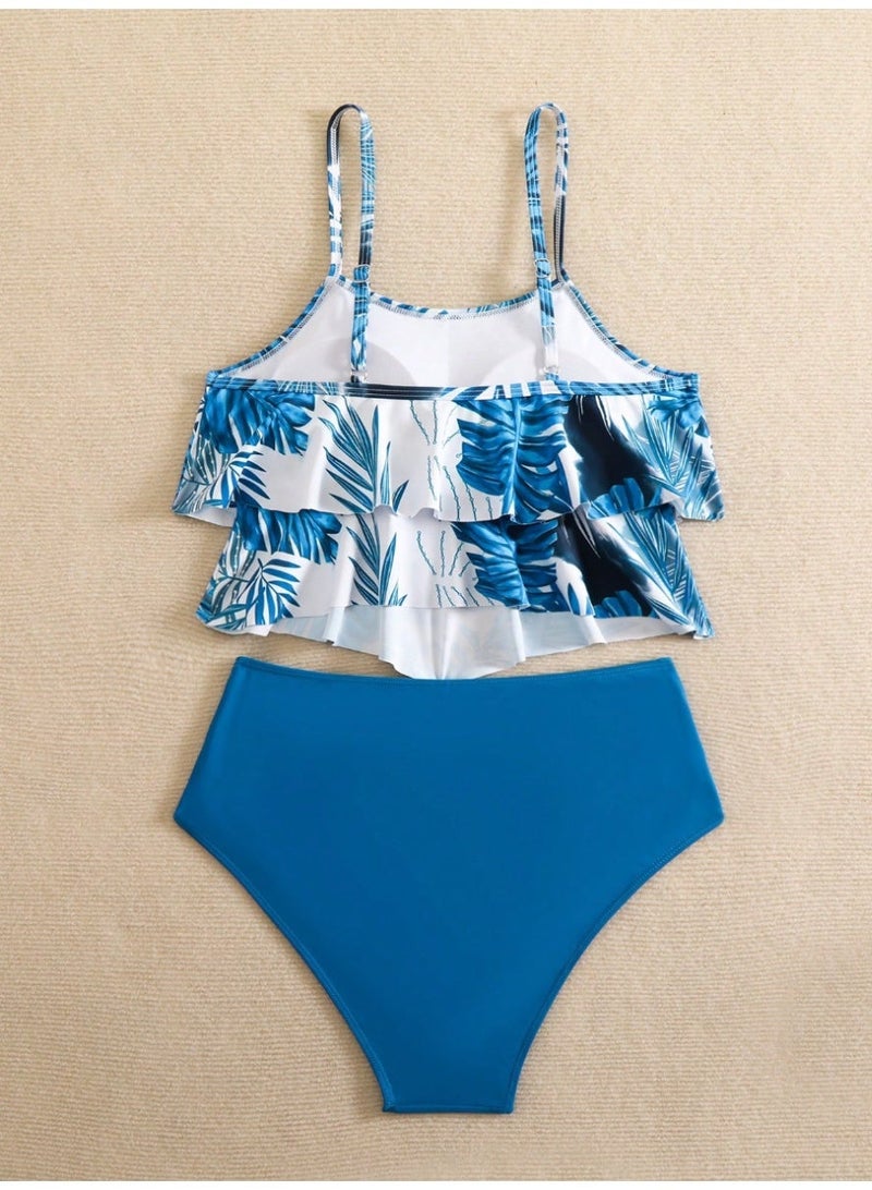 شي إن طقم ملابس سباحة تانكيني نسائي من SHEIN Swim بحافة مكشكشة، وبنطال مثلث بخصر عالٍ، مثالي لعطلات الشاطئ الصيفية - Image 3