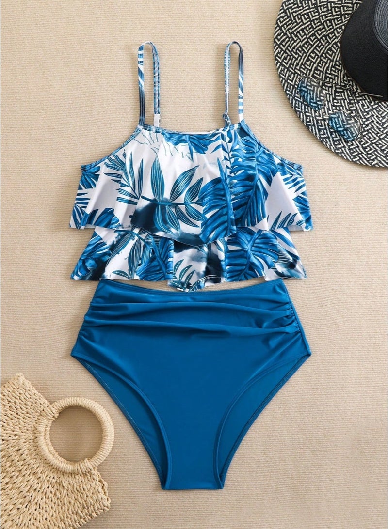 شي إن طقم ملابس سباحة تانكيني نسائي من SHEIN Swim بحافة مكشكشة، وبنطال مثلث بخصر عالٍ، مثالي لعطلات الشاطئ الصيفية - Image 2