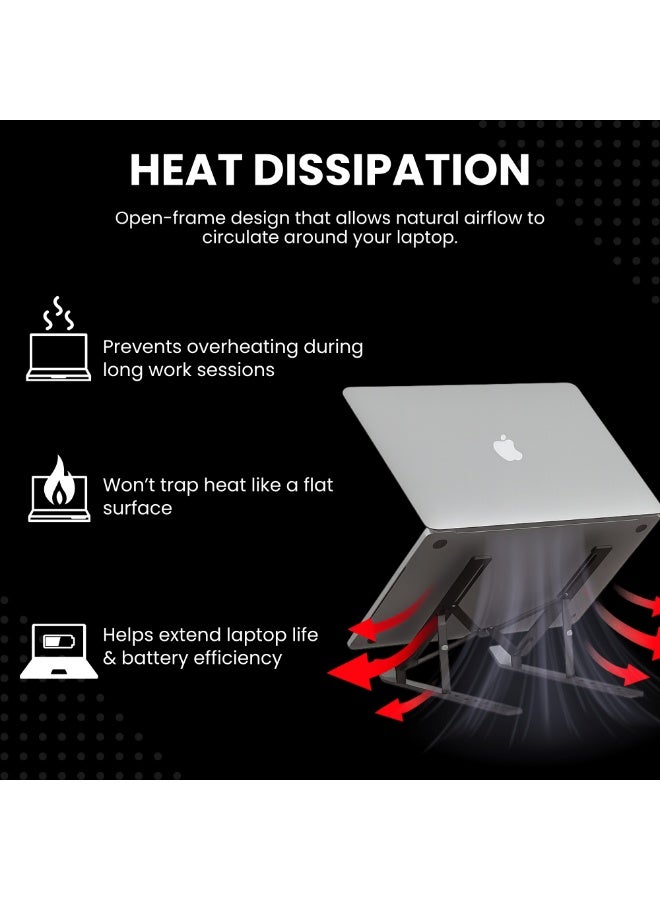 Nexso Adjustable Black Aluminium Laptop Stand for Desk | Foldable Ergonomic Riser for Laptops, Tablets, 7-Angle Portable Non-Slip Design with Cooling, Carry Case, Travel Pouch & Wide Compatibility - Image 4