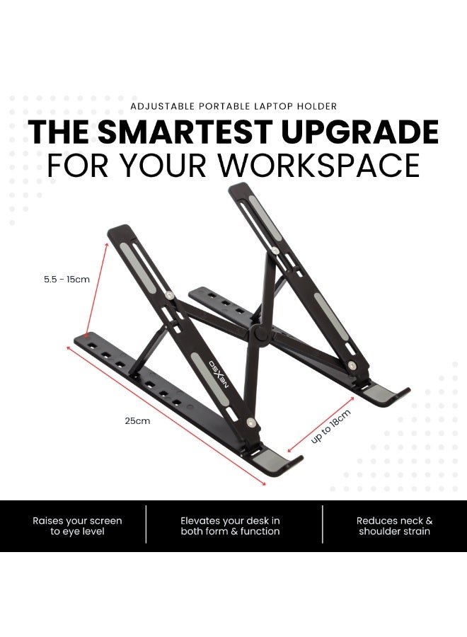Nexso Adjustable Black Aluminium Laptop Stand for Desk | Foldable Ergonomic Riser for Laptops, Tablets, 7-Angle Portable Non-Slip Design with Cooling, Carry Case, Travel Pouch & Wide Compatibility - Image 2