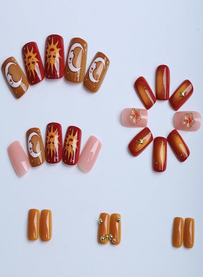 GRITOSE 24Pcs Short Square Press on Nails 3D Flower Fake Nails Orange Full Cover False Nail with Moon Sun Flower Rhinestone Design Artificial Acrylic Nails Press ons Reusable Stick on Nails for Women - Image 3