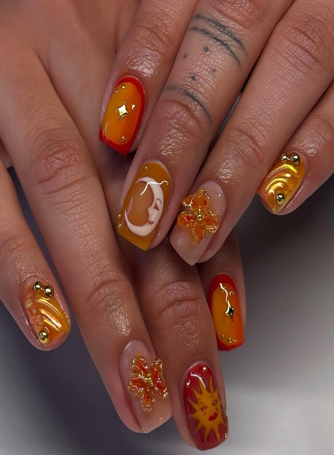 GRITOSE 24Pcs Short Square Press on Nails 3D Flower Fake Nails Orange Full Cover False Nail with Moon Sun Flower Rhinestone Design Artificial Acrylic Nails Press ons Reusable Stick on Nails for Women - Image 1