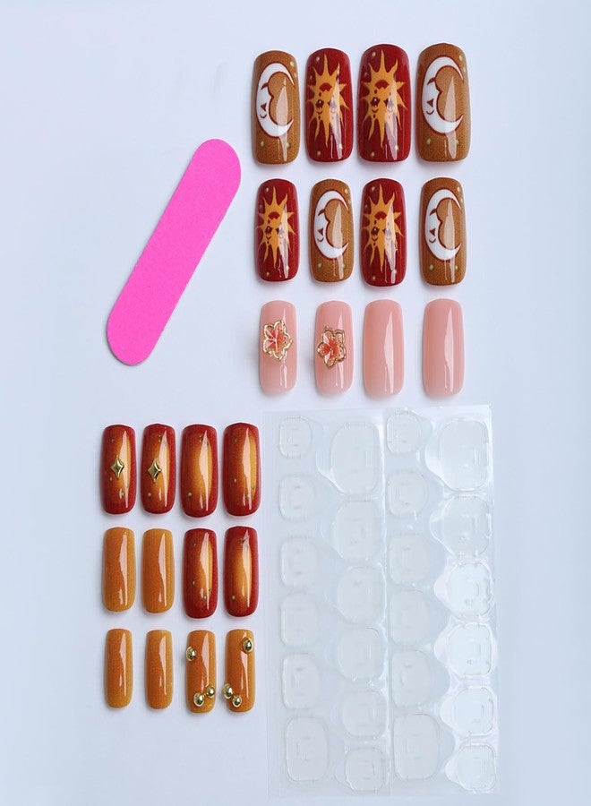GRITOSE 24Pcs Short Square Press on Nails 3D Flower Fake Nails Orange Full Cover False Nail with Moon Sun Flower Rhinestone Design Artificial Acrylic Nails Press ons Reusable Stick on Nails for Women - Image 2
