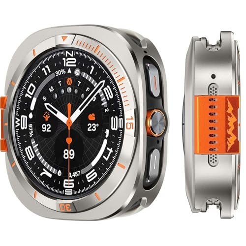 Suphart Metal Cover Compatible with Samsung Galaxy Watch Ultra Case 2025/2024, 2 in 1 Protective Rugged Bumper with Back Frame for Galaxy Watch 47mm (Titanium/Orange) - Image 1