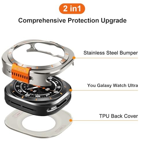 Suphart Metal Cover Compatible with Samsung Galaxy Watch Ultra Case 2025/2024, 2 in 1 Protective Rugged Bumper with Back Frame for Galaxy Watch 47mm (Titanium/Orange) - Image 2