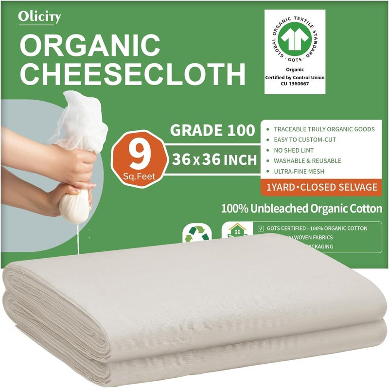 Olicity Organic Cheese Cloths, GOTS Certified, Grade 100, 36x36Inch, Reusable Cheese Cloth with Closed Edges Fabric Fine Mesh Cloth, Unbleached Cotton Muslin Cheesecloth for Straining,Cooking,Crafts - 9 Sq.Ft - Image 1