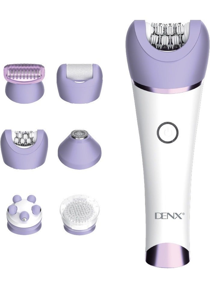 DENX DX1377 6-in-1 Multi-Functional Beauty Care Device – 600mAh Battery, USB Type-C Charging, IPX7 Waterproof, 120 Minutes Operating Time, Replaceable Heads for Hair Removal, Shaving, Dead Skin Removal, Facial Cleansing & Massage – White/Purple - Image 1