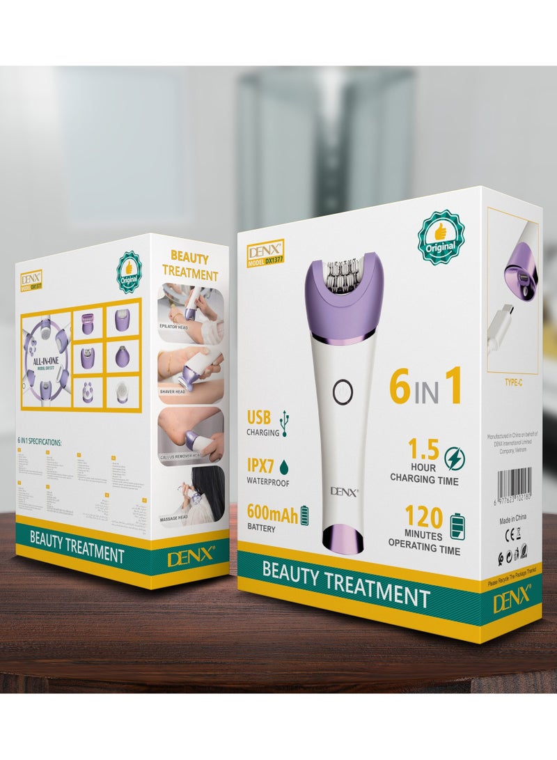 DENX DX1377 6-in-1 Multi-Functional Beauty Care Device – 600mAh Battery, USB Type-C Charging, IPX7 Waterproof, 120 Minutes Operating Time, Replaceable Heads for Hair Removal, Shaving, Dead Skin Removal, Facial Cleansing & Massage – White/Purple - Image 4