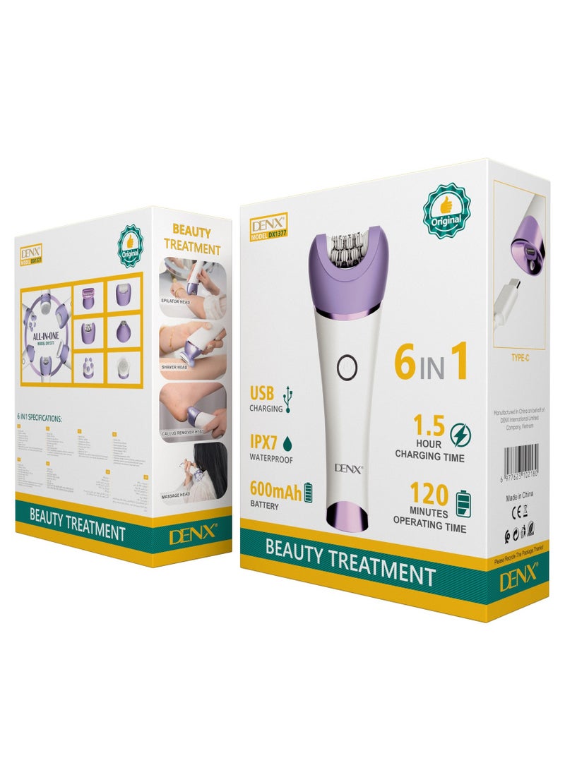 DENX DX1377 6-in-1 Multi-Functional Beauty Care Device – 600mAh Battery, USB Type-C Charging, IPX7 Waterproof, 120 Minutes Operating Time, Replaceable Heads for Hair Removal, Shaving, Dead Skin Removal, Facial Cleansing & Massage – White/Purple - Image 3