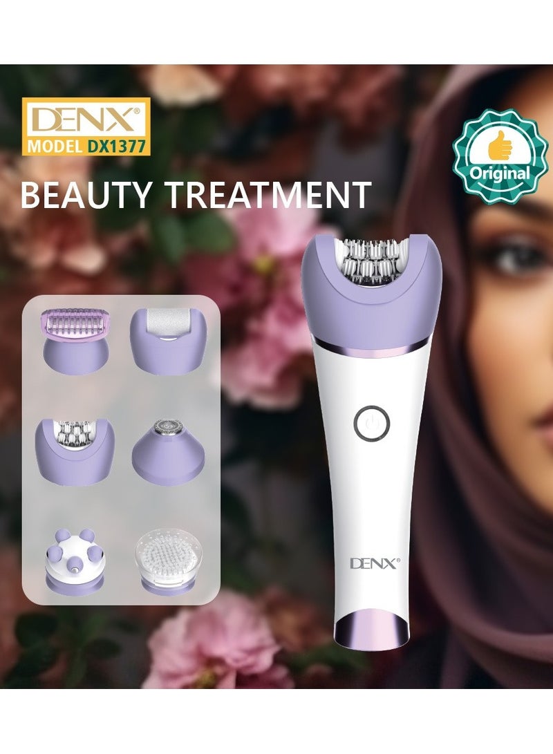 DENX DX1377 6-in-1 Multi-Functional Beauty Care Device – 600mAh Battery, USB Type-C Charging, IPX7 Waterproof, 120 Minutes Operating Time, Replaceable Heads for Hair Removal, Shaving, Dead Skin Removal, Facial Cleansing & Massage – White/Purple - Image 5