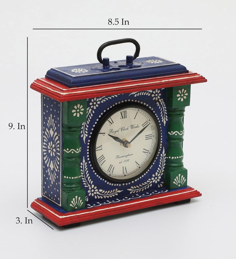 vedas Eiko Hand Painted Silent Non Ticking Small Clock Battery Operated Simply Design for Bedroon Bedside Desk I Wooden Antique Desk Clock Size 85 x 9 Inches Battery not Included - Image 3