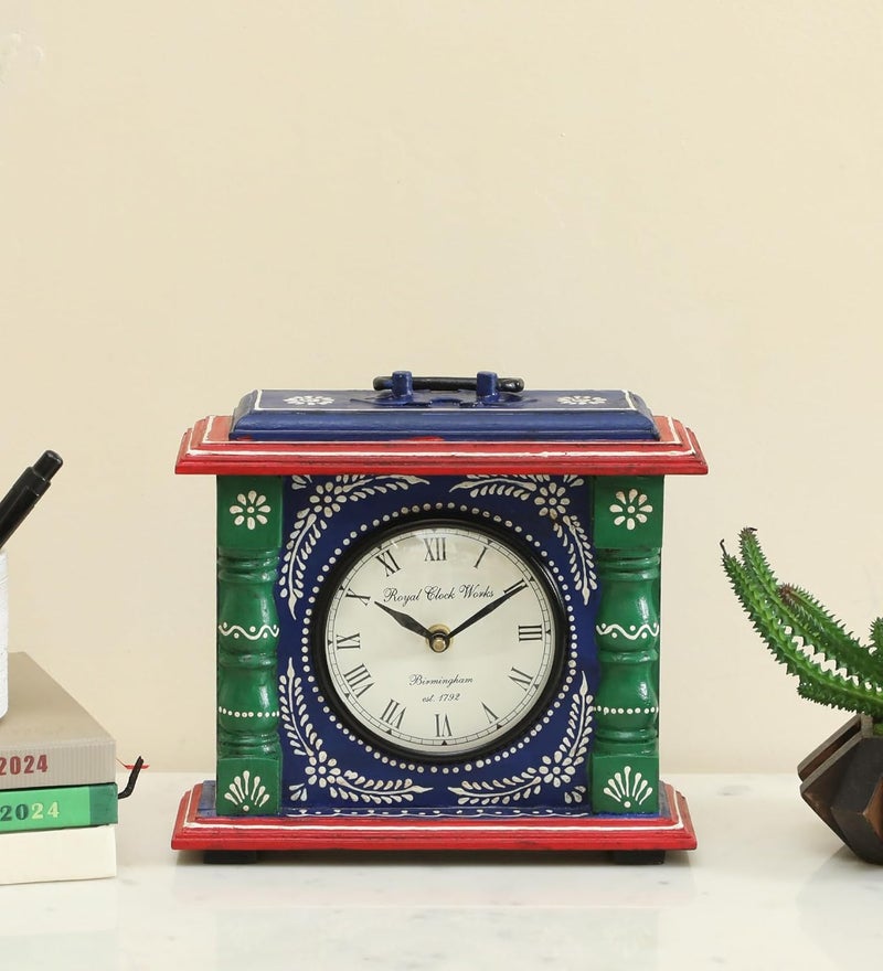 vedas Eiko Hand Painted Silent Non Ticking Small Clock Battery Operated Simply Design for Bedroon Bedside Desk I Wooden Antique Desk Clock Size 85 x 9 Inches Battery not Included - Image 1
