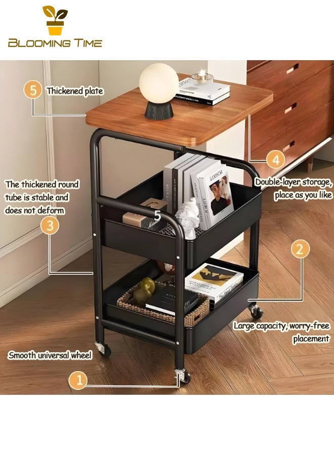 بلومنغ تايم رف متحرك من 3 طبقات لغرفة نوم المنزل وغرفة المعيشة ، مع بكرة وعربة طاولة ، رف تخزين بسيط متعدد الطبقات للوجبات الخفيفة ، أسود - Image 4