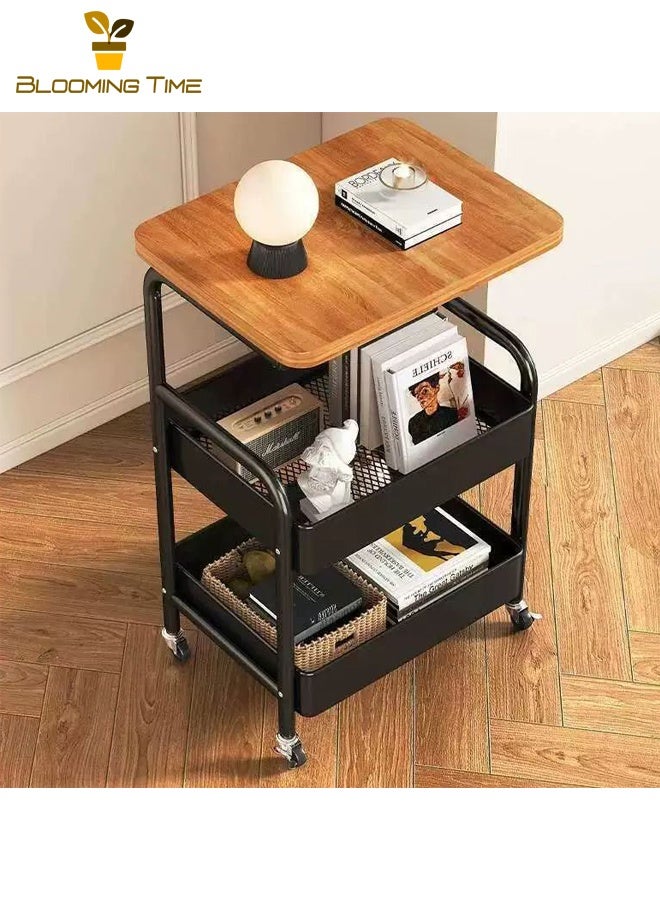 بلومنغ تايم رف متحرك من 3 طبقات لغرفة نوم المنزل وغرفة المعيشة ، مع بكرة وعربة طاولة ، رف تخزين بسيط متعدد الطبقات للوجبات الخفيفة ، أسود - Image 2