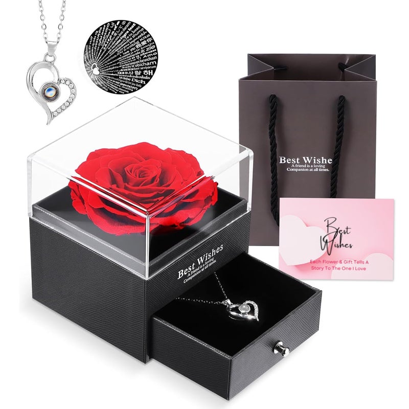 Ascension Ascension Eternal Rose Gift Box with Heart Necklace Fresh Roses Box Gift for Girlfriend Boyfriend Newlyweds Rose Flower with Jewelry Storage Box Roses Gift for Valentines Day Anniversary Birthday  - Image 1