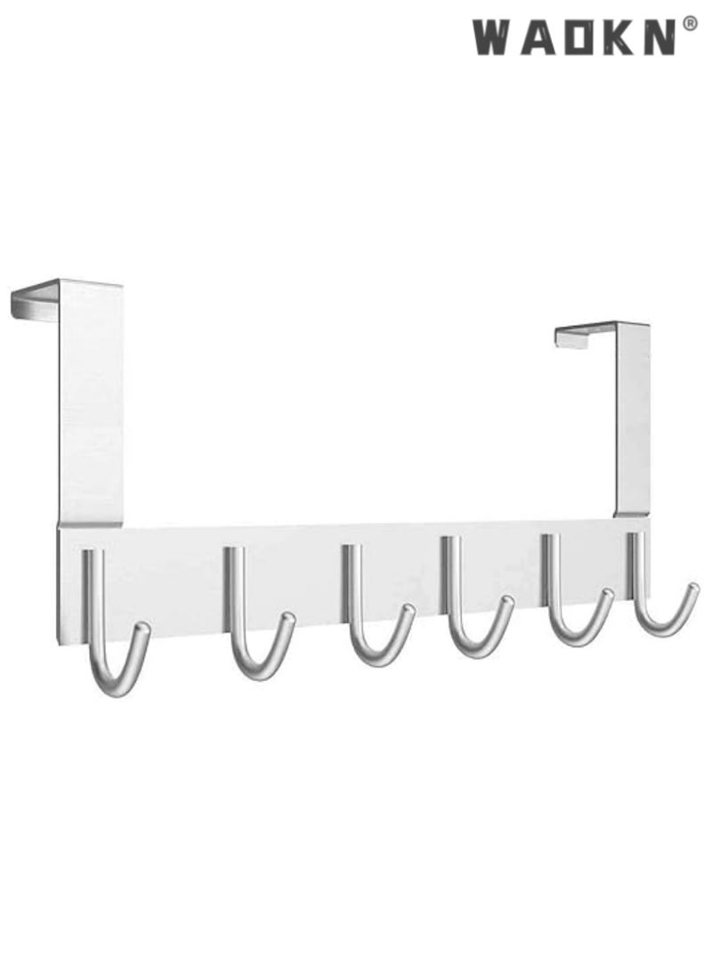 WAOKN Extended Over-Door Hook Hangers Aluminum Organizer，Premium Storage Solution for Kitchen & Bathroom with 6 Durable Hooks, Space-Saving Design in Sleek Black Finish for Easy Access & Clutter-Free Living（Silvery）  - Image 1