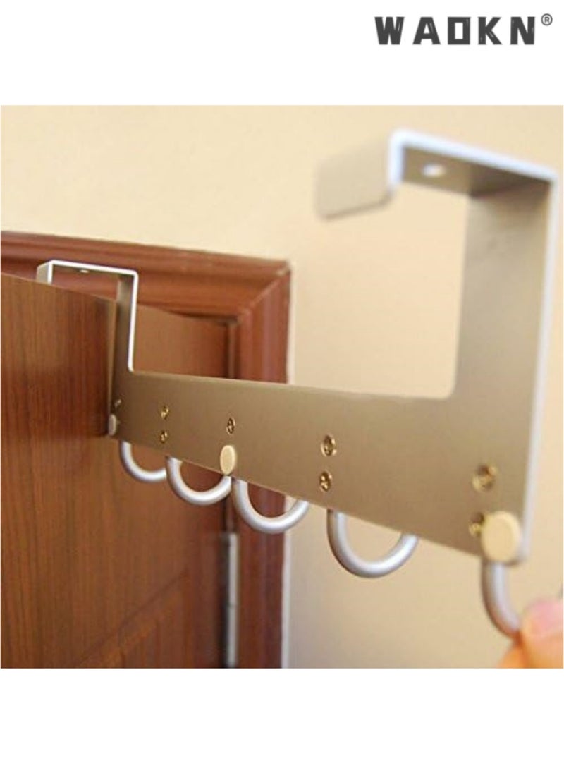 WAOKN Extended Over-Door Hook Hangers Aluminum Organizer，Premium Storage Solution for Kitchen & Bathroom with 6 Durable Hooks, Space-Saving Design in Sleek Black Finish for Easy Access & Clutter-Free Living（Silvery）  - Image 2