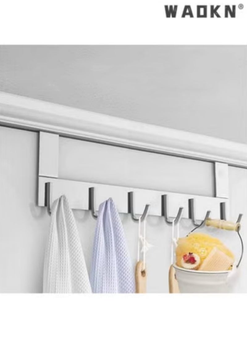 WAOKN Extended Over-Door Hook Hangers Aluminum Organizer，Premium Storage Solution for Kitchen & Bathroom with 6 Durable Hooks, Space-Saving Design in Sleek Black Finish for Easy Access & Clutter-Free Living（Silvery）  - Image 4