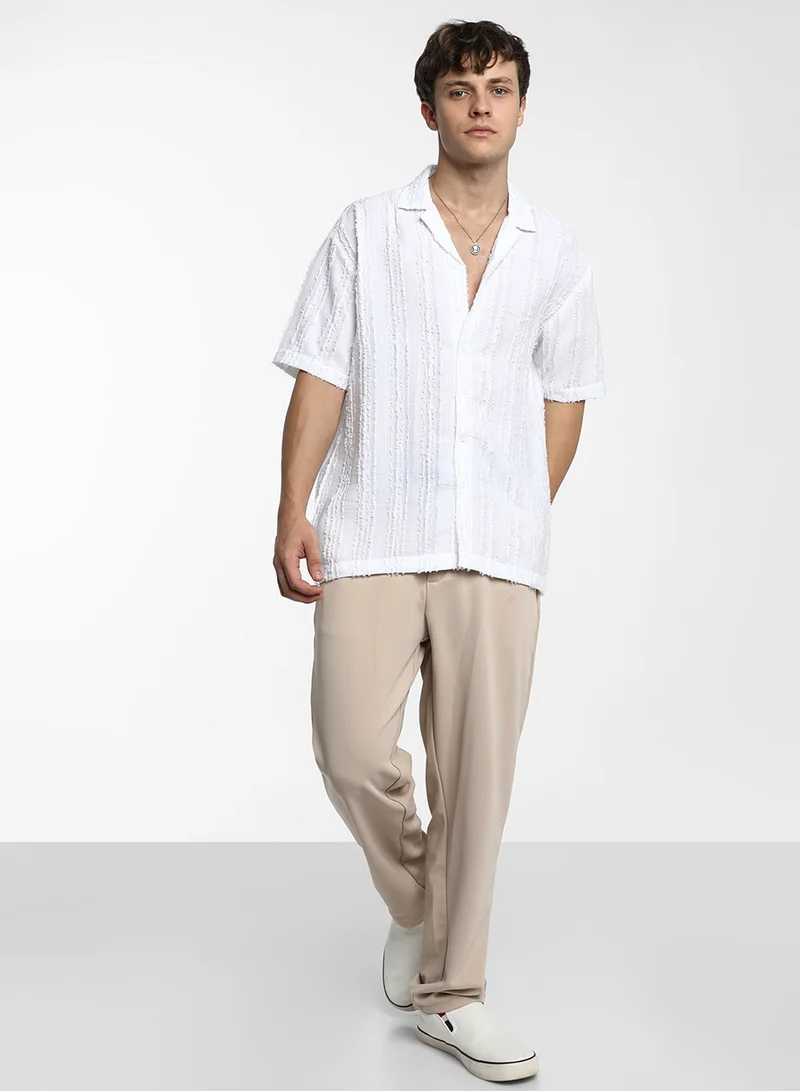 Campus Sutra Men's Chalk White Unhemmed Striped Oversized Shirt