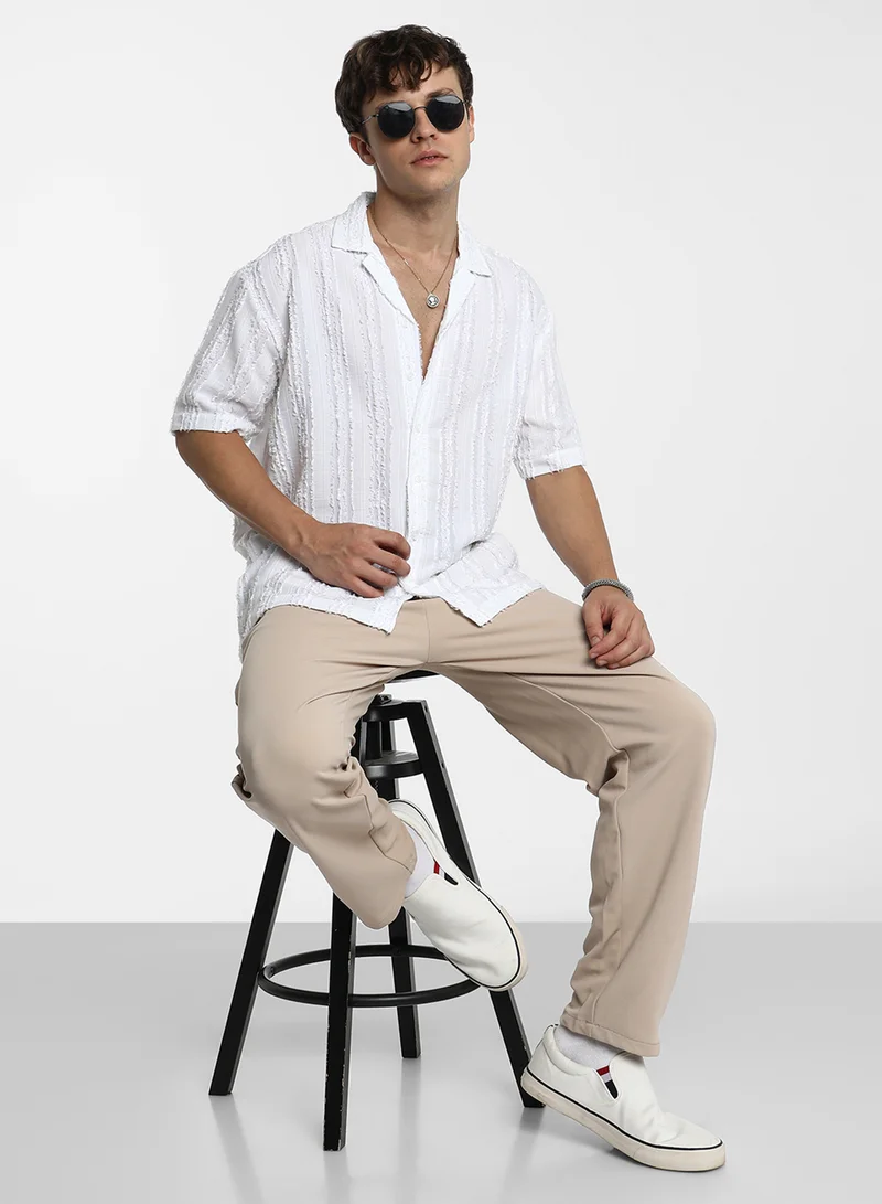 Campus Sutra Men's Chalk White Unhemmed Striped Oversized Shirt