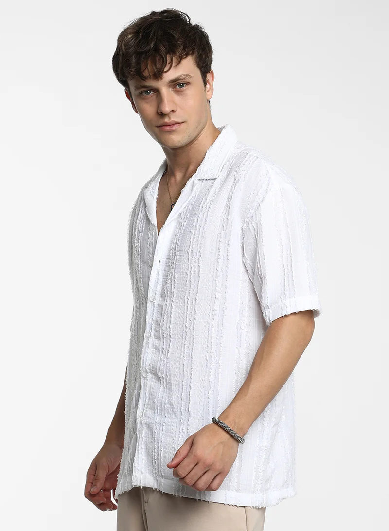 Campus Sutra Men's Chalk White Unhemmed Striped Oversized Shirt
