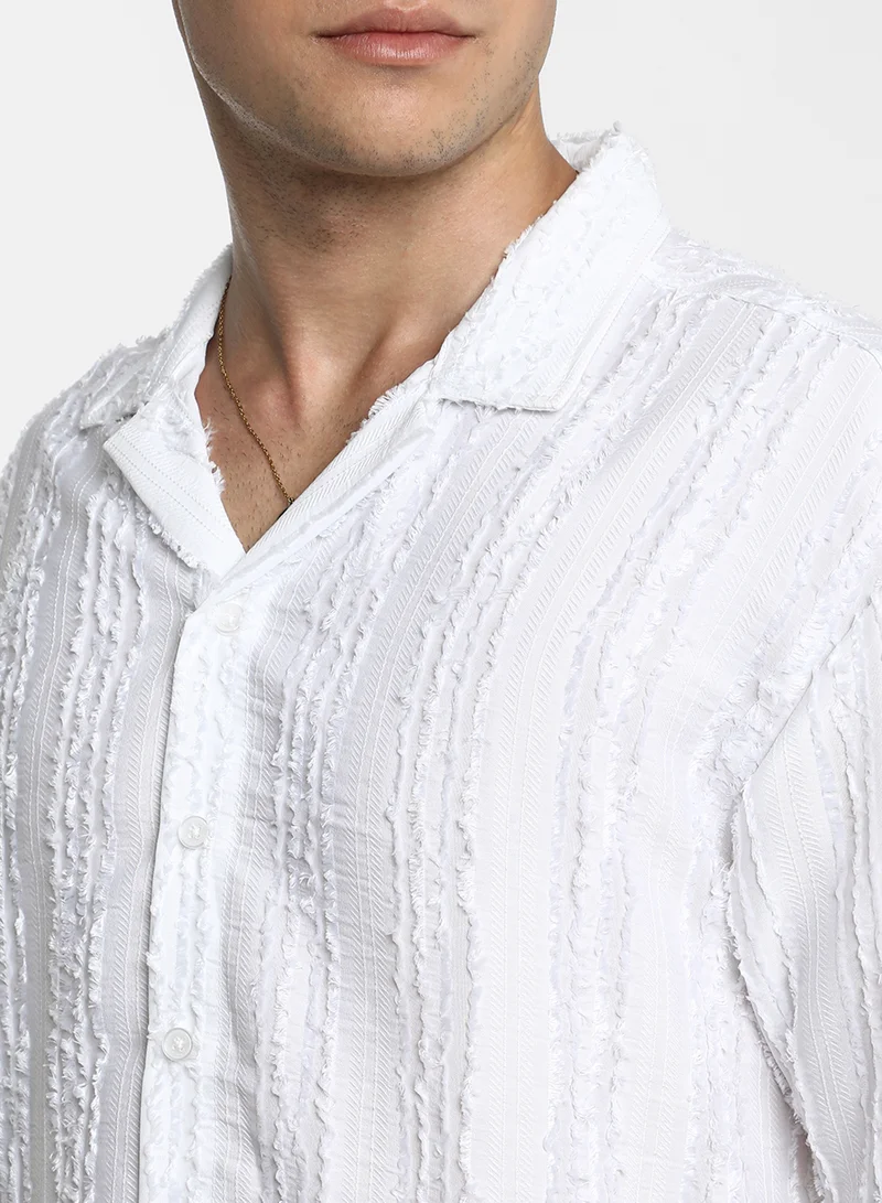 Campus Sutra Men's Chalk White Unhemmed Striped Oversized Shirt