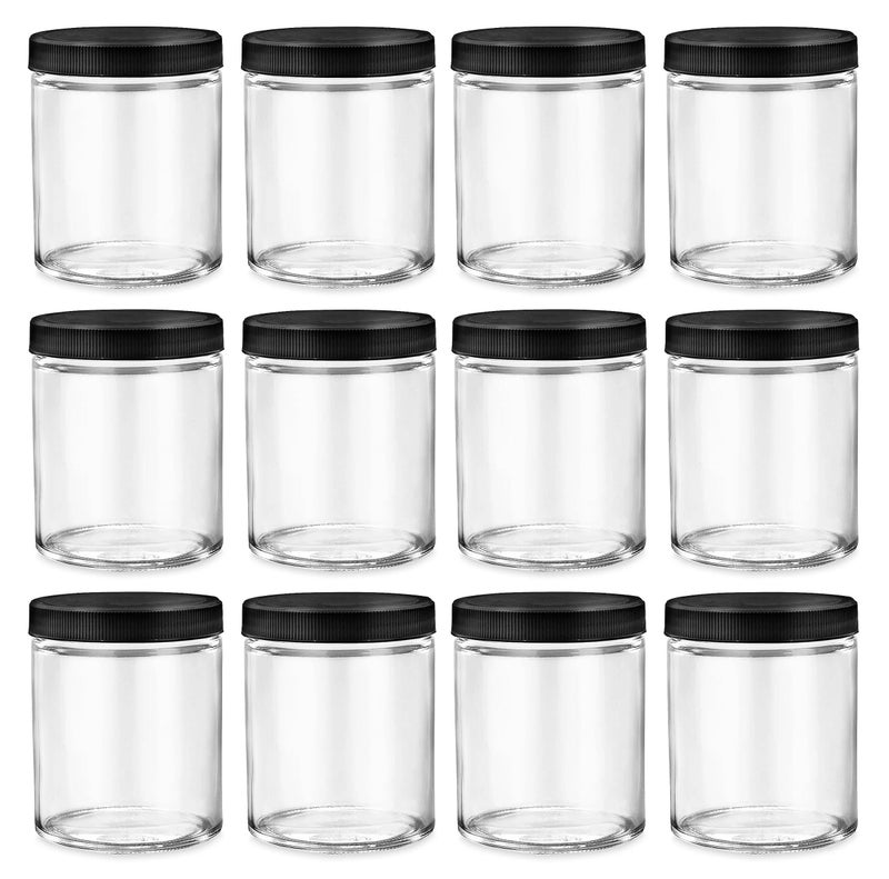 North Mountain Supply 6 Ounce Clear Glass Straight Sided Mason Canning Jars - with 63mm Black Plastic Lids - Case of 12