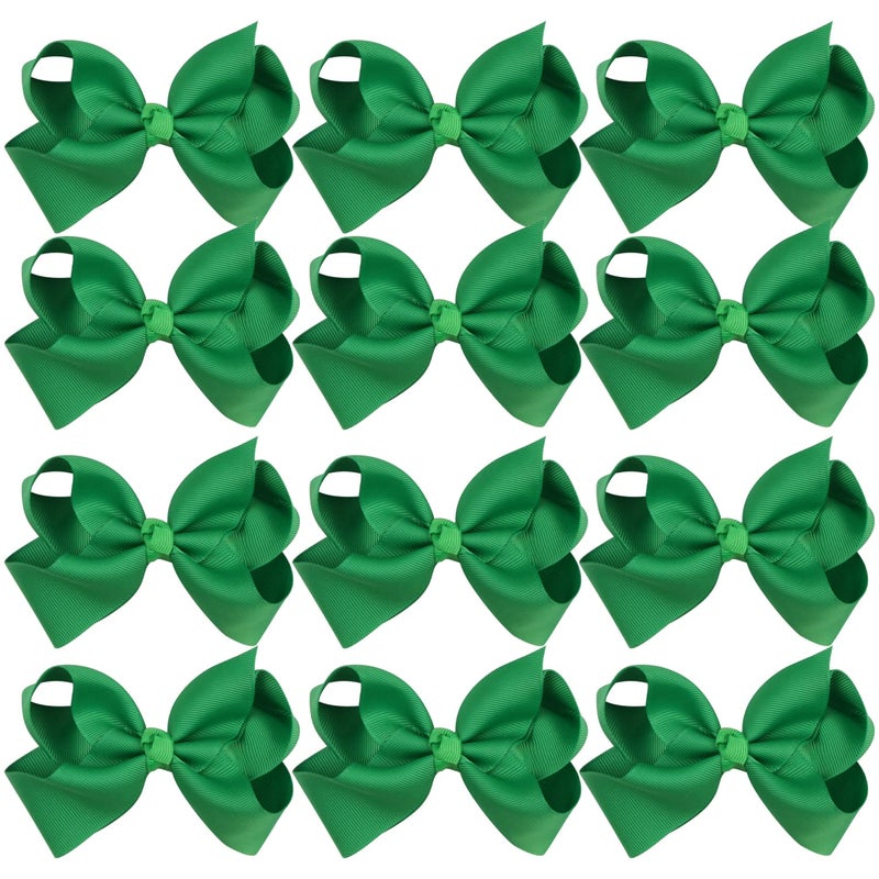 4 Inch Boutique Girls Hair Bows Hair Clips for Girls Toddlers 12 Pcs Solid Color Green