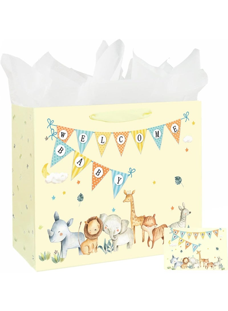 CUNUUDOOL 33cm Gift Bag Large cartoon animal design Baby Boy Girl Bag for Baby Shower with Handles and Tissue Paper, Cards for baby Party Favors Wrap, Kids Parties,(Yellow,33*12*26cm) - Image 1
