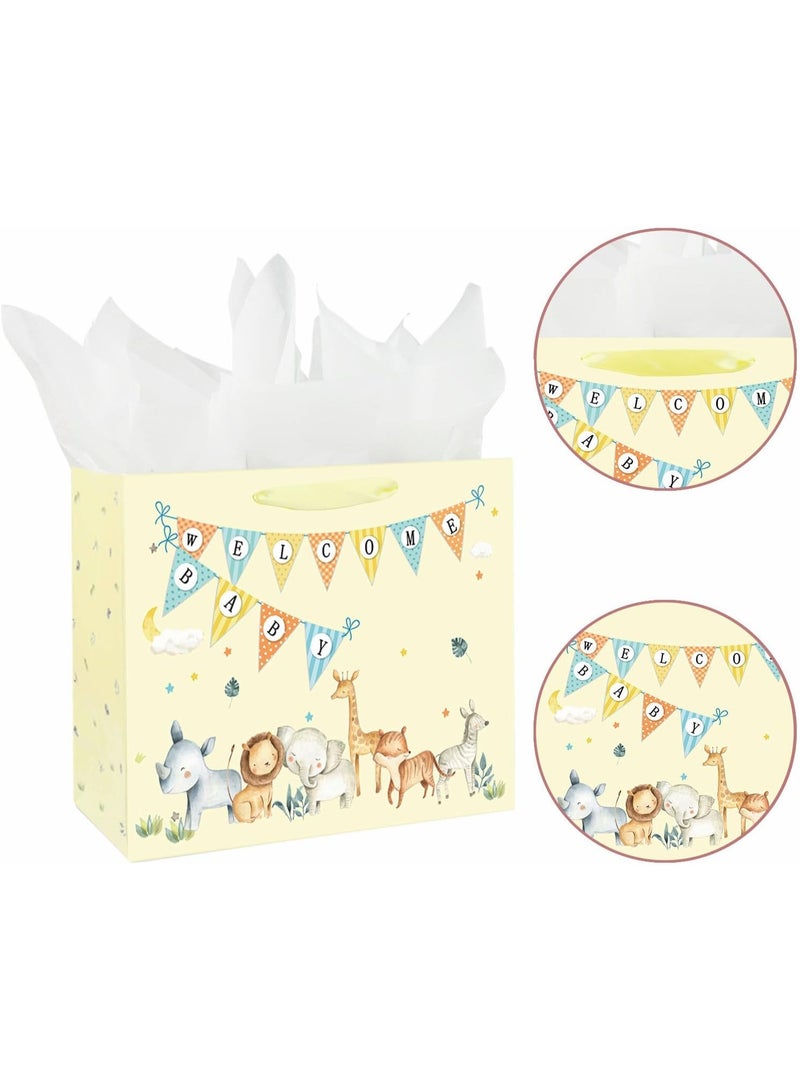 CUNUUDOOL 33cm Gift Bag Large cartoon animal design Baby Boy Girl Bag for Baby Shower with Handles and Tissue Paper, Cards for baby Party Favors Wrap, Kids Parties,(Yellow,33*12*26cm) - Image 3