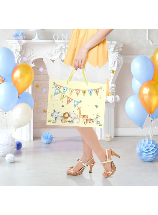 CUNUUDOOL 33cm Gift Bag Large cartoon animal design Baby Boy Girl Bag for Baby Shower with Handles and Tissue Paper, Cards for baby Party Favors Wrap, Kids Parties,(Yellow,33*12*26cm) - Image 2