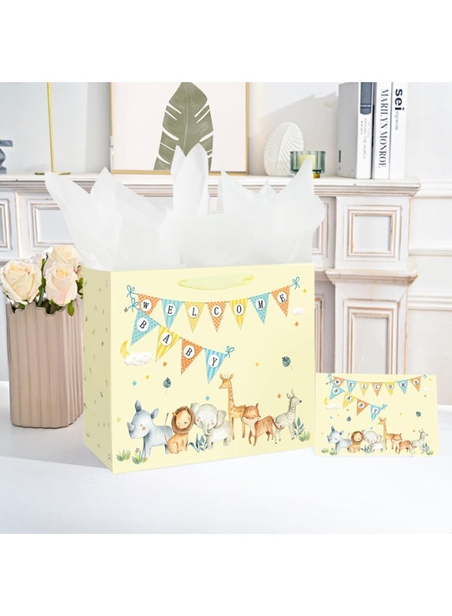 CUNUUDOOL 33cm Gift Bag Large cartoon animal design Baby Boy Girl Bag for Baby Shower with Handles and Tissue Paper, Cards for baby Party Favors Wrap, Kids Parties,(Yellow,33*12*26cm) - Image 5