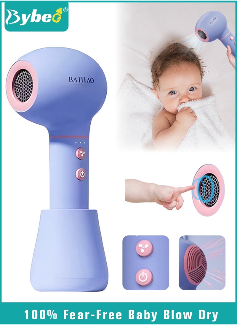 Bybeo Kids Hair Dryer, Cordless Baby Hair Dryer, Portable Toddler Hair Dryer, Gentle Heat for Children's Skin, Wireless Charging, Low Noise, Lightweight, Blue  - Image 1