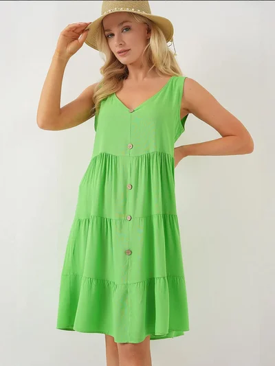 BIG DART BDART V-Neck Sleeveless Mini Dress with Button Detail