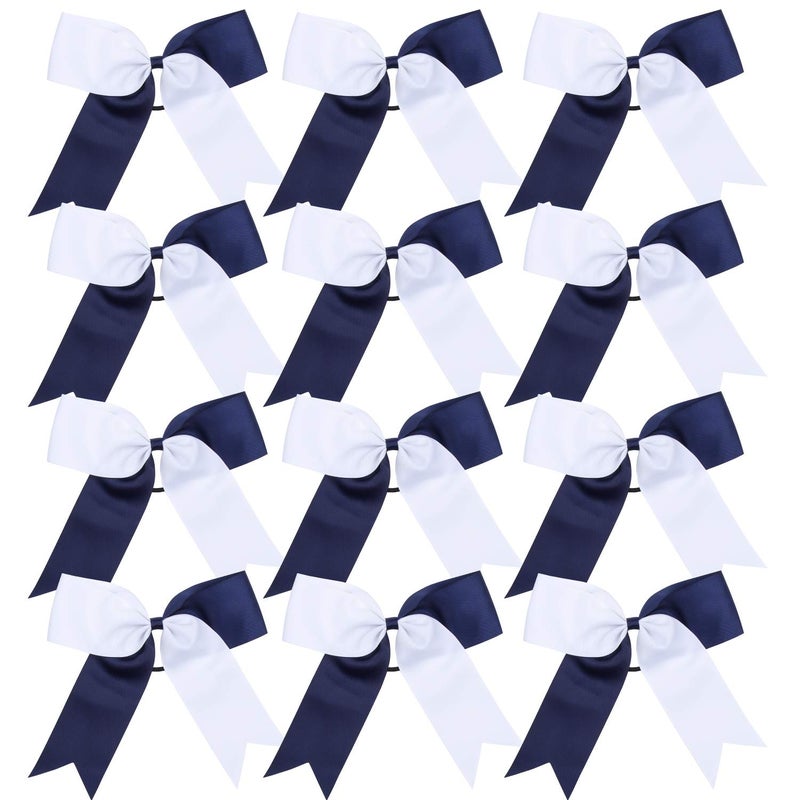 Cheerleading Bow Jumbo Cheer Bows 12 Pcs 7 Inch Ponytail Holder Cheerleader Bows Hair Tie Navy BlueWhite