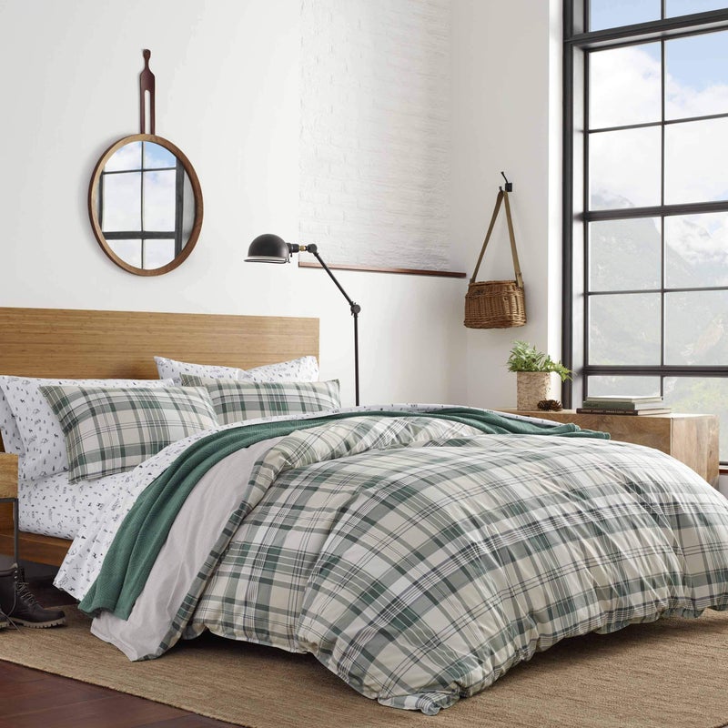 Eddie Bauer - Queen Duvet Cover Set, Cotton Reversible Bedding with Matching Shams, Plaid Bedding Set (Timbers Evergreen, Queen) - Image 1