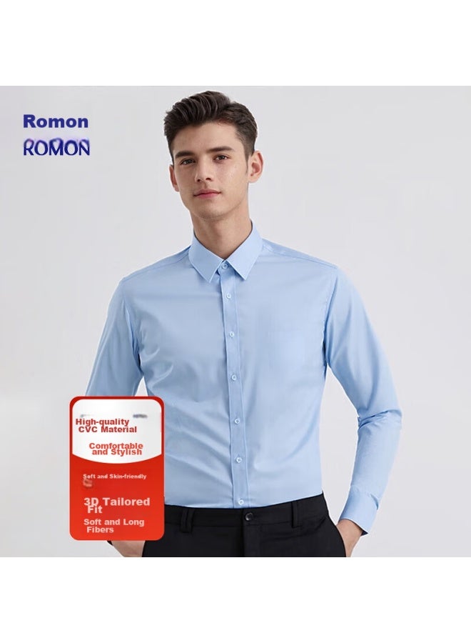 ROMON Romon Men's Long-sleeve Shirt, Business Professional Work Uniform, Solid Color Dress Shirt, Undershirt, Jacket, Dad's Outfit, Cs01 Blue, Size 42 - Image 1