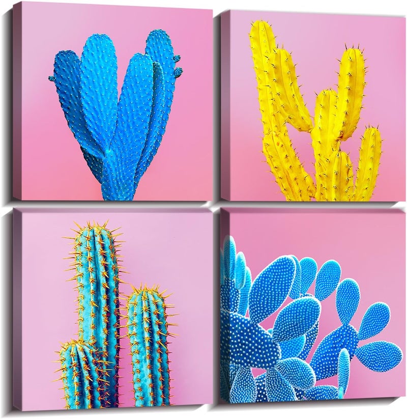 sunfrower Blue Cactus Wall Art Mexican Bathroom Decor Desert Canvas Prints Pictures for Living Room 14x14" Colorful Succulent Kitchen Printings Home Decorations Botanical Cacti Tropical Plant Posters 4 Panels - Image 1