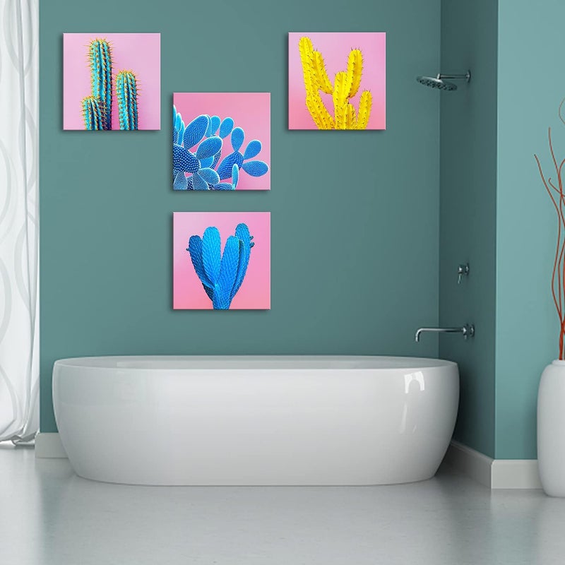sunfrower Blue Cactus Wall Art Mexican Bathroom Decor Desert Canvas Prints Pictures for Living Room 14x14" Colorful Succulent Kitchen Printings Home Decorations Botanical Cacti Tropical Plant Posters 4 Panels - Image 3