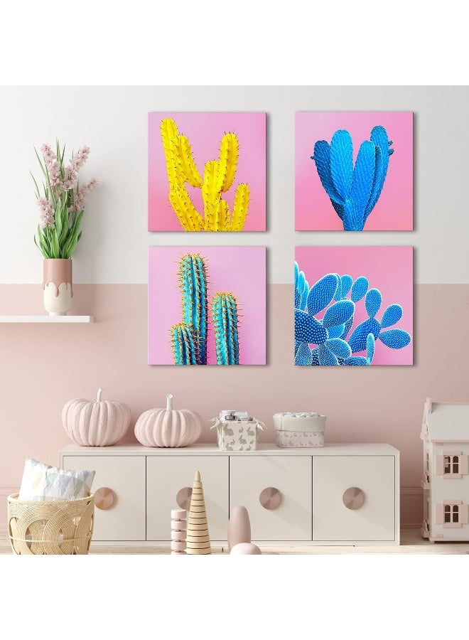 sunfrower Blue Cactus Wall Art Mexican Bathroom Decor Desert Canvas Prints Pictures for Living Room 14x14" Colorful Succulent Kitchen Printings Home Decorations Botanical Cacti Tropical Plant Posters 4 Panels - Image 2