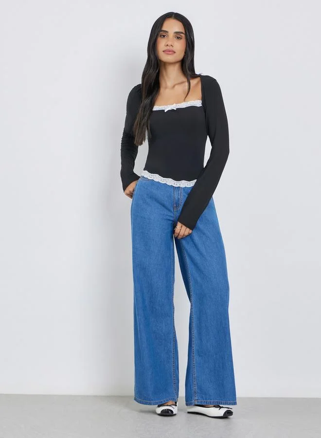 ستايلي Styli Black Square Neck Long Sleeve Knit Top