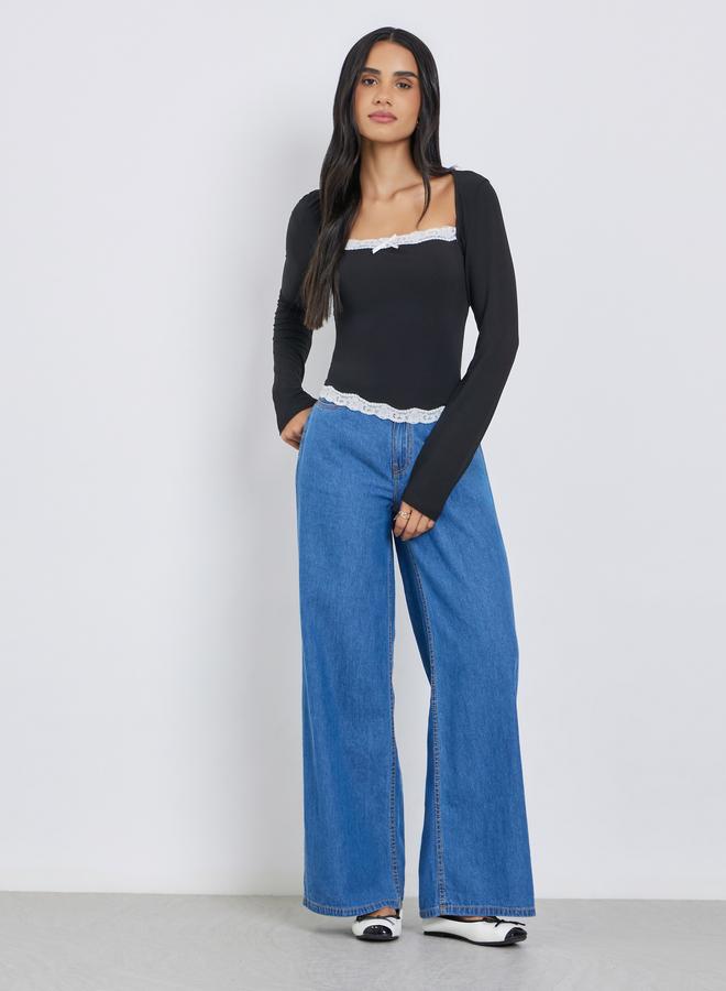 ستايلي بلوزة محبوكة بأكمام طويلة وياقة مربعة سوداء - Image 2