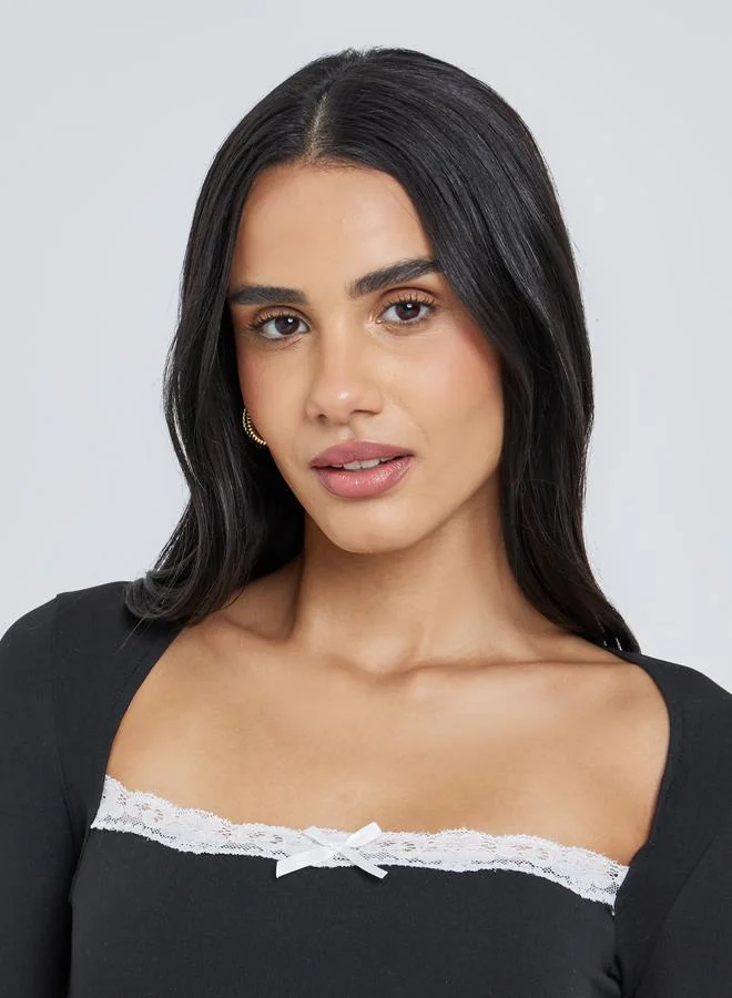 Styli Styli Black Square Neck Long Sleeve Knit Top