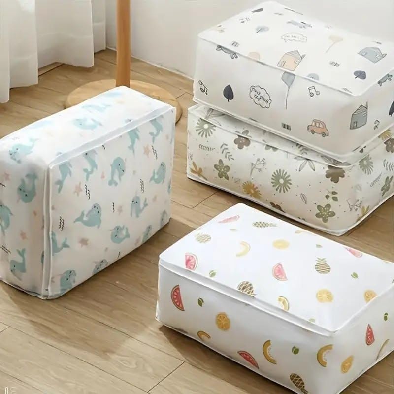 OVERSEASE Blanket Storage Bag UnderBed Quilt Clothes Storage Bag with Peva Material Washable Waterproof Foldable Transparent Printed Cover MultiDesign pack of 3 58x40x22 cm - Image 1