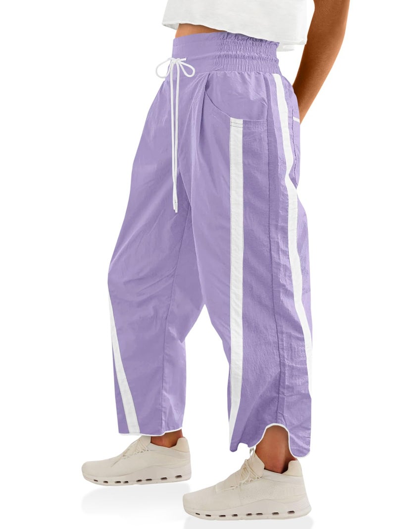 Fisoew Women's Baggy Wide Leg Pants Casual Drawstring Elastic Waisted Contrast Color Workout Y2K Track Pants Purple - Image 1