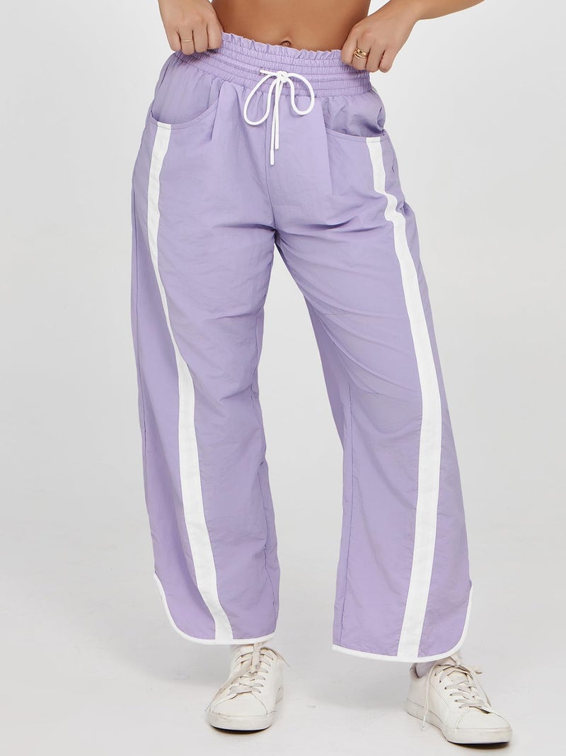 Fisoew Women's Baggy Wide Leg Pants Casual Drawstring Elastic Waisted Contrast Color Workout Y2K Track Pants Purple - Image 2