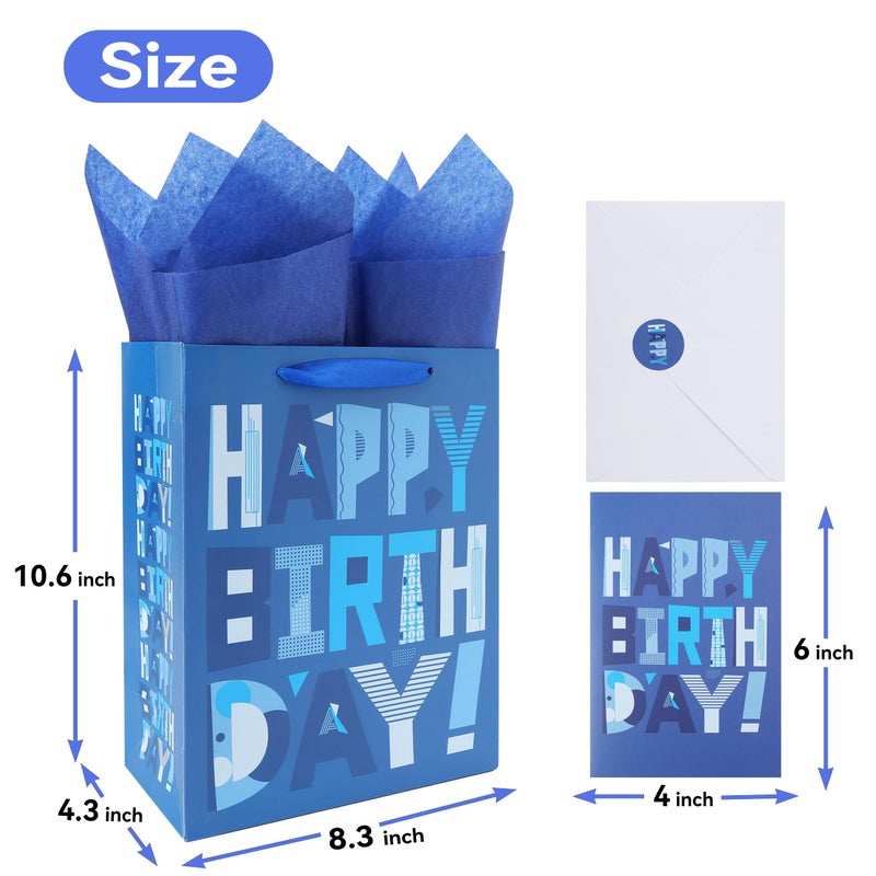 wishinside 2 Pack 10.6â€ Medium Blue Gift Bags Set with Greeting Card and Tissue Papers (Blue Happy Birthday) for Men's Birthday Party, Kids' Parties, Baby Shower, or Baby Boy - 8.3â€x4.3â€x10.6â€, 1 Pcs - Image 2