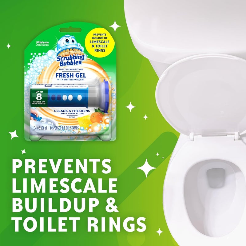 Scrubbing Bubbles Fresh Gel Toilet Bowl Cleaning Stamps Starter Pack, Clean and Prevent Limescale and Toilet Rings, Citrus Scent, 1 Dispenser with 6 Stamps, 1.34 Oz Balanced universal design - Image 4